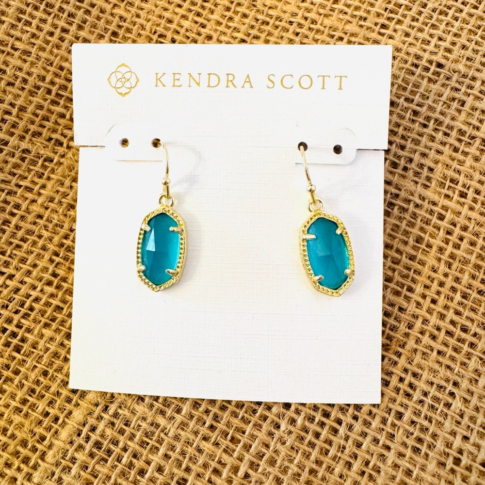 Kendra Scott Lee Gold Drop Earrings in Turquoise Blue Glass; New w/ dust bag